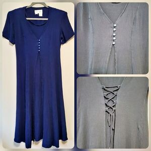 VTG Betsy's Things Women's 12 Navy Button Tie Lace Up Back Midi Dress 90s